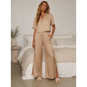 Lunya Washable Mulberry Silk Pajama PJ Pant Set XS High Waist Checkered Jacquard